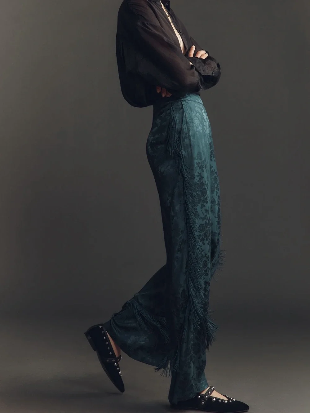 Anthropologie Patterned Fringe Trouser Pants New 12 Dark Green Teal Jacquard - Picture 2 of 16